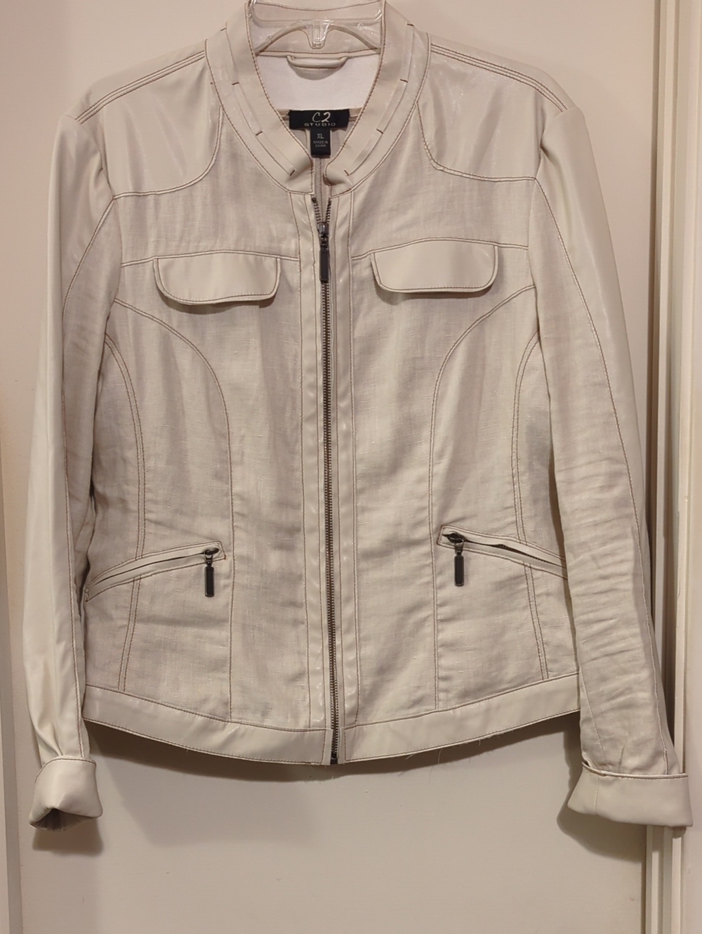 Cream Women's Leather And Linen Zip Jacket